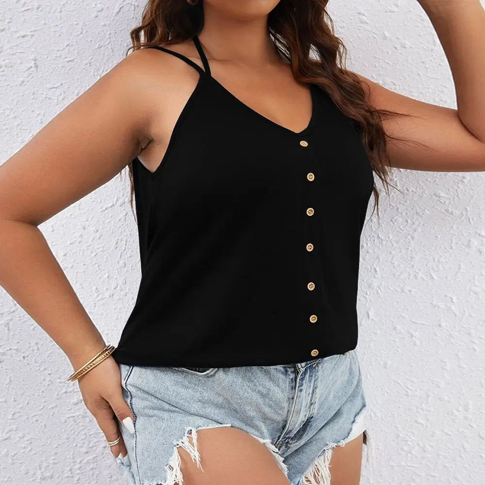 Black button front v-neck tank top plus size featuring thin straps and gold buttons down the front.