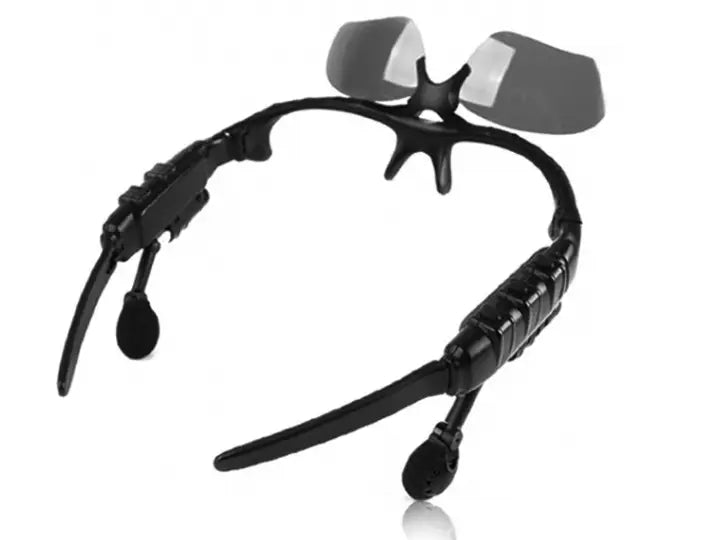 black plastic-framed smart bluetooth audio sunglasses with hd camera mic adjustable foldable arms and integrated earpieces
