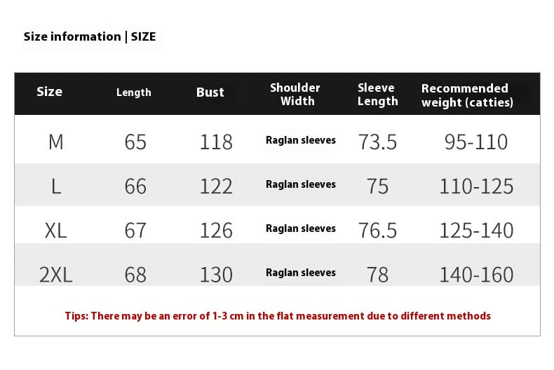 Size information chart for a raglan-sleeved faux fur collar puffer jacket listing measurements in centimeters and recommended weight ranges by size.