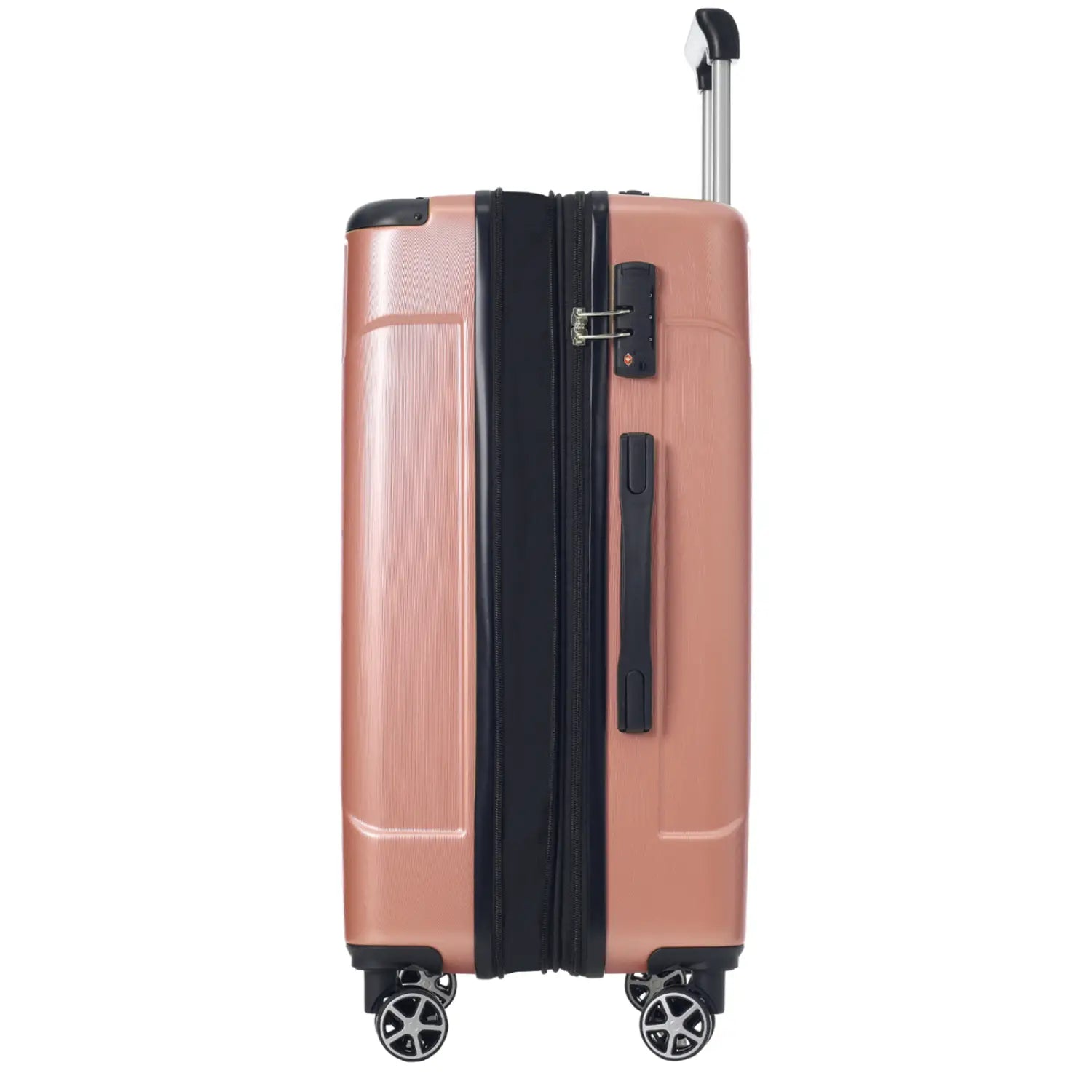 Rose gold 28 inch expandable hardshell spinner suitcase with black zippers handle and wheels shown from the back side.