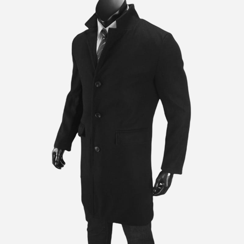 Black woolen overcoat with notched lapels and three front buttons classic single breasted winter jacket for men