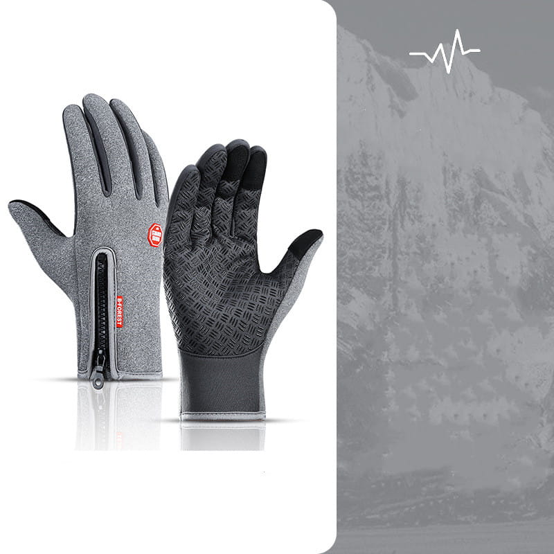 Gray windproof touchscreen winter gloves for men and women with black textured fingertips and a zippered wrist pocket shown from the back side.