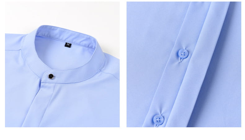 Ein hellblaues Herren-Mandarin-Kragen-Freizeithemd mit langen Ärmeln mit Stehkragen und passenden Knöpfen.