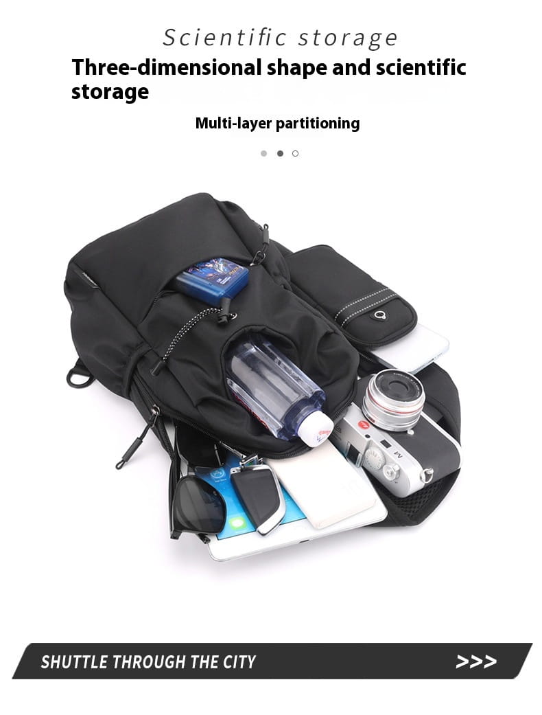 Schwarzer Nylon-Rucksack mit mehrschichtigen Fächern und Reißverschlüssen, ausgelegt für den urbanen Pendelverkehr, abgebildet zusammen mit einer wasserdichten Herren-Oxford-Gewebe-Minimalist-Crossbody-Brusttasche Produkt.