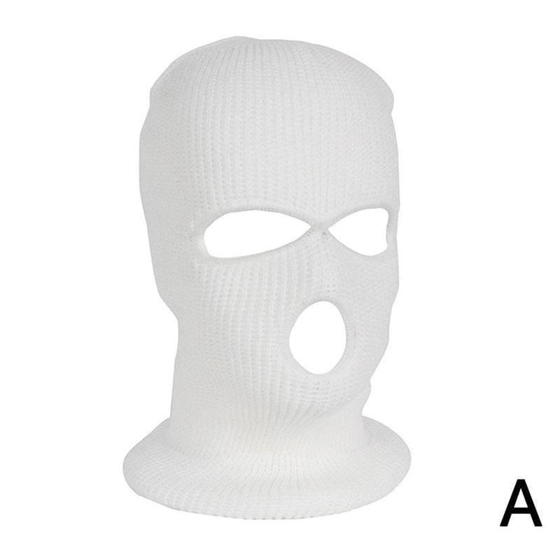 Bonnet cagoule tricoté blanc, avec des ouvertures pour les yeux et la bouche, conçu comme un masque chaud pour le cyclisme.