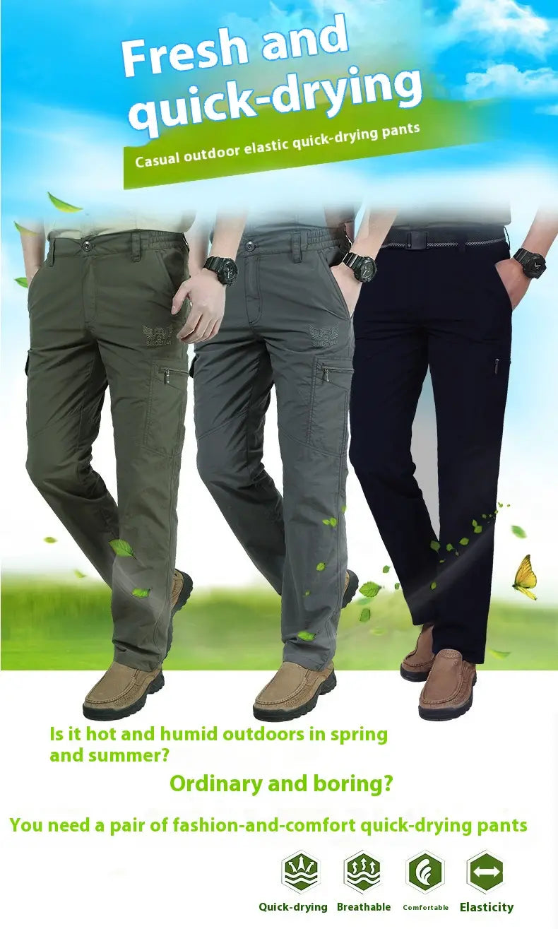 Three pairs of plus size loose cargo pants in olive green gray and navy blue made of durable quick-drying material designed for casual outdoor use.