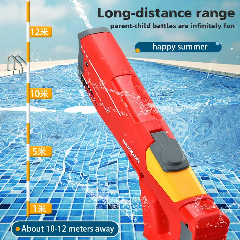 Jouet pistolet à eau électrique Shark à haute pression P90 en rouge et jaune, avec des accents noirs, conçu pour jouer à longue distance.