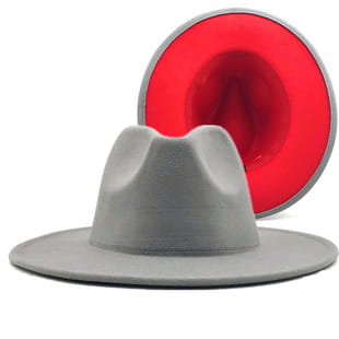 Wool fedora hat with a gray exterior, vibrant red interior, leather belt, and a structured wide brim.