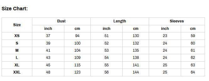 Size chart table showing measurements in inches and centimeters for the women’s elegant cowl neck satin long sleeve blouse from size XS to XXL.
