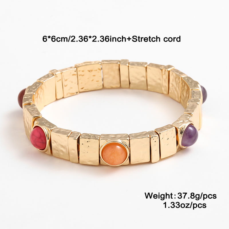 Vintage hammered gold bangle stretch bracelet with textured rectangular segments and colorful round gemstone accents