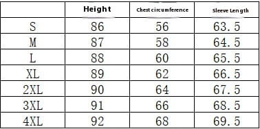 The table displays size measurements including height chest circumference and sleeve length for the geometric fleece hooded trench coat available in sizes S through 4XL.