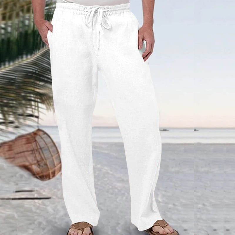 men linen straight leg casual pants in white loose-fitting linen with a drawstring waistband