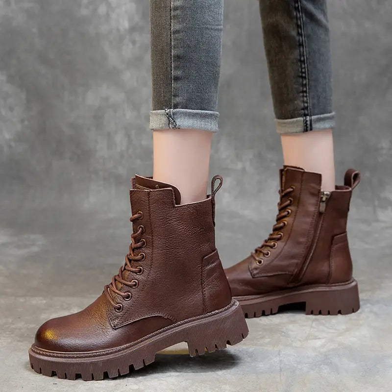 brown leather lace-up combat boots with a chunky textured sole from martin boots women’s leather chunky lace up combat boots collection