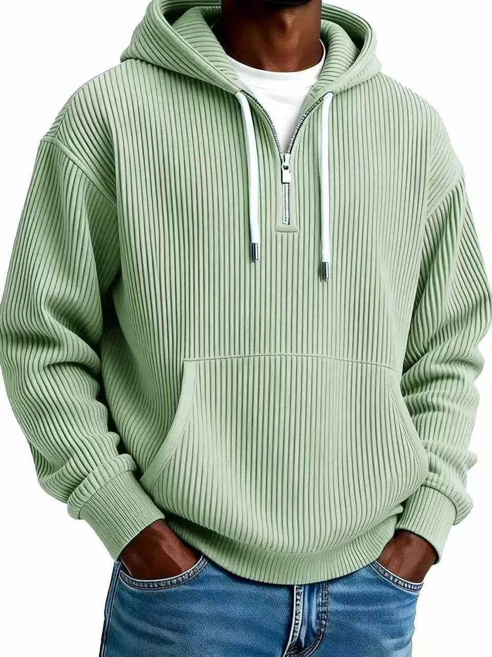 Men’s ribbed corduroy half zip pullover hoodie in soft mint green ribbed knit with white zipper and matching drawstrings.