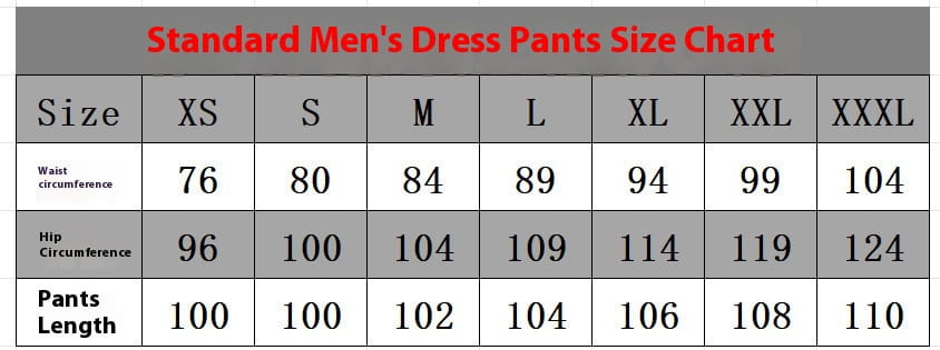 standard men’s slim fit modern cotton blend pencil trousers size chart in gray and white showing waist hip and pants length measurements for sizes xs through xxxl