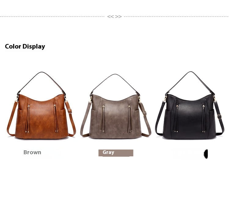 Leather hobo bags in brown gray and black faux leather with tassel details and front zipper pockets.