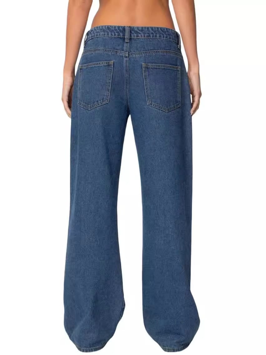 Blue denim high waist wide leg jeans shown from the back with a relaxed fit and classic back pockets.