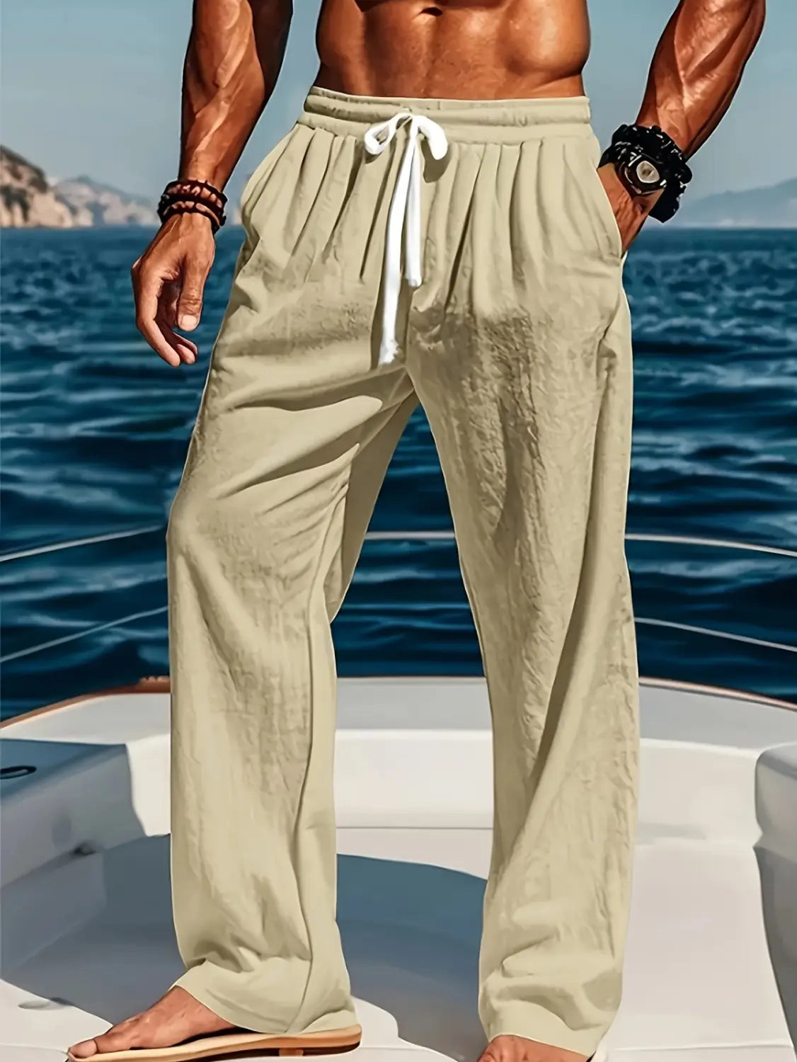 Pantalon décontracté en lin beige pour hommes avec une ceinture à cordon de serrage blanc et une coupe ample pour un port confortable