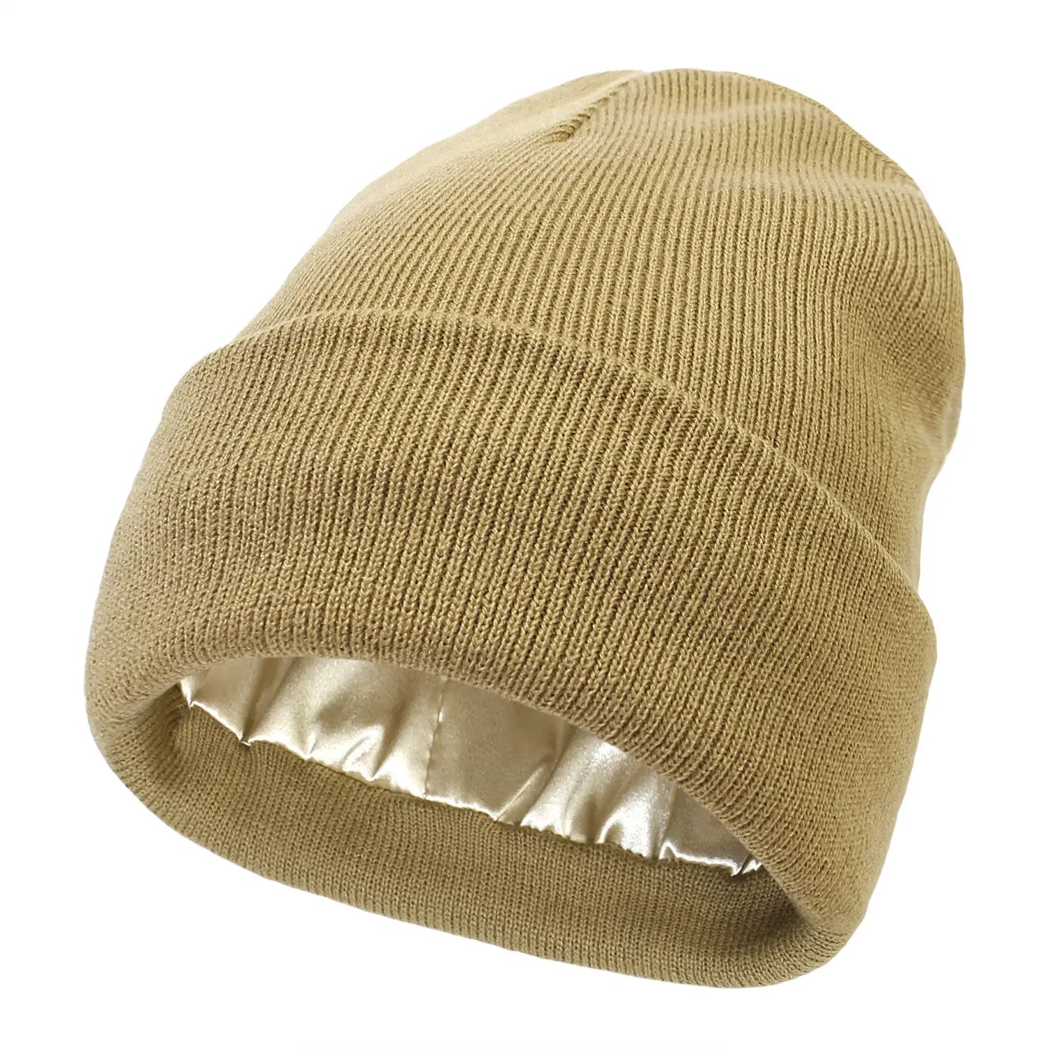 Tan ribbed knit beanie with a shiny silver satin lining visible inside the folded cuff, designed as a warm winter hat.