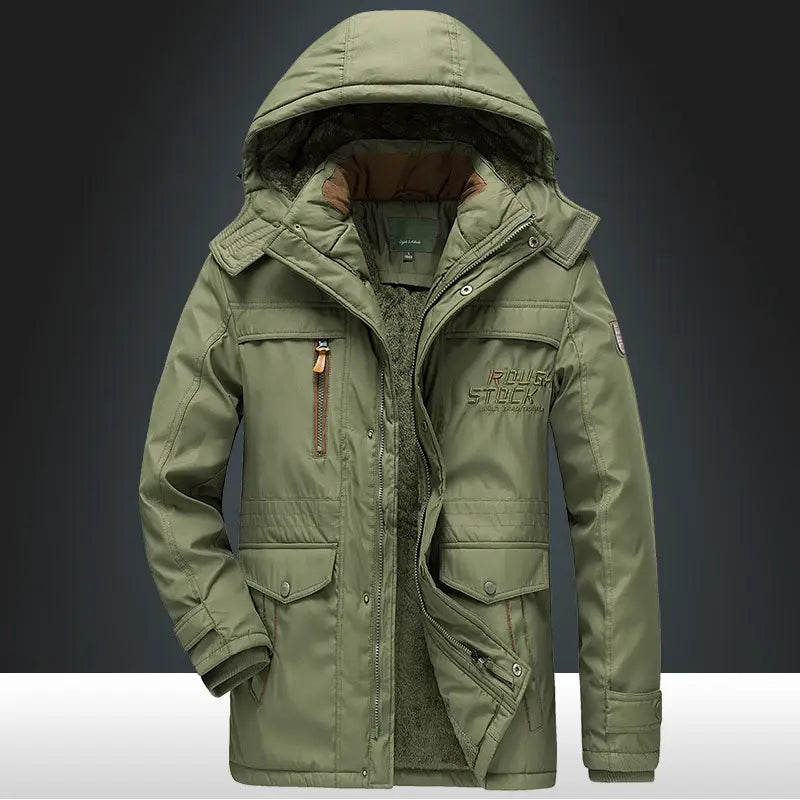 Olive green thick padded winter parka jacket with insulation, hood, front zipper closure, and multiple pockets designed for cold weather.