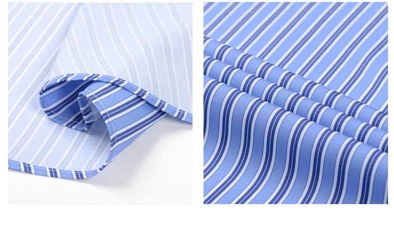 Camisa de vestir abotonada de manga larga hecha con tela a rayas azul y blanca, con una apariencia entallada y pulida.