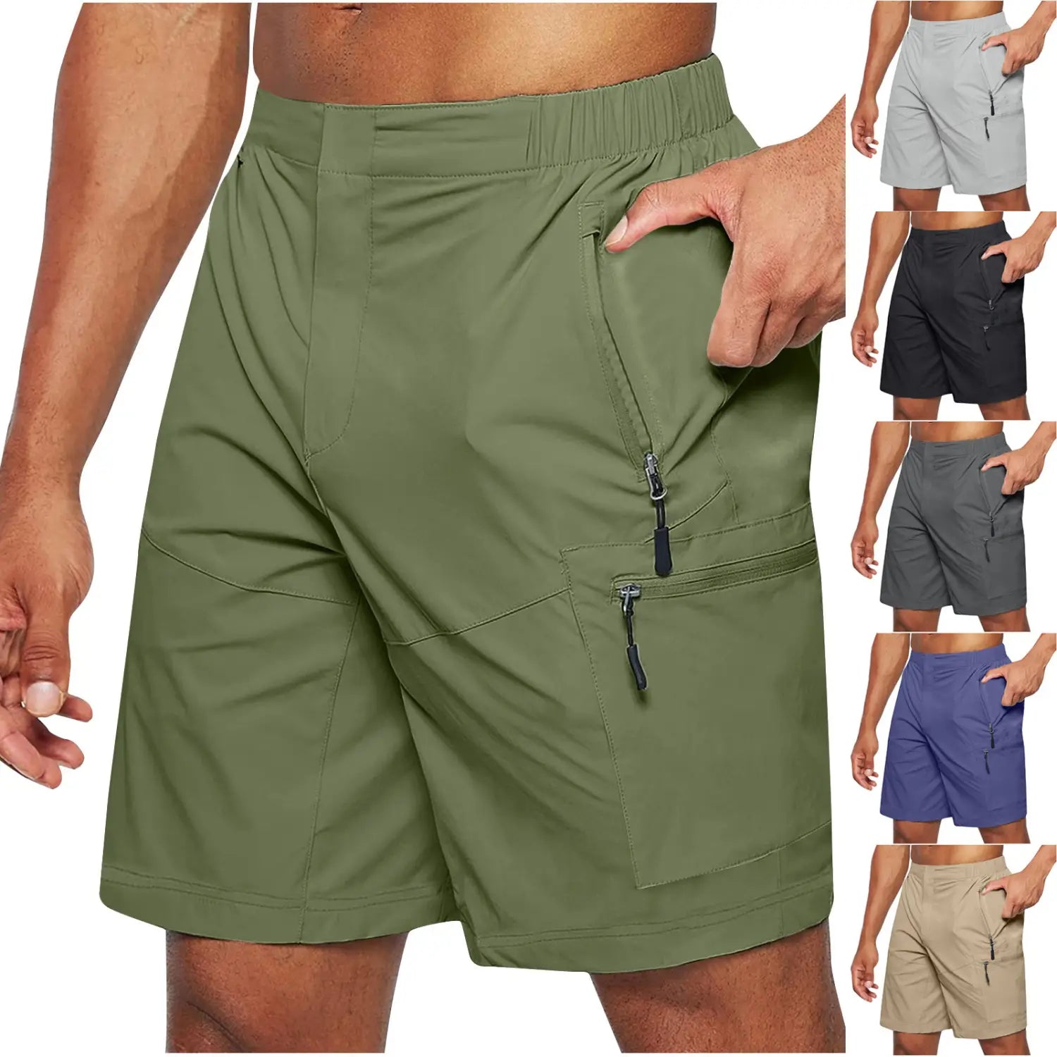 Short cargo athlétique pour hommes à jambe droite couleur vert olive, avec plusieurs poches zippées et une ceinture élastique pour un plus grand confort.