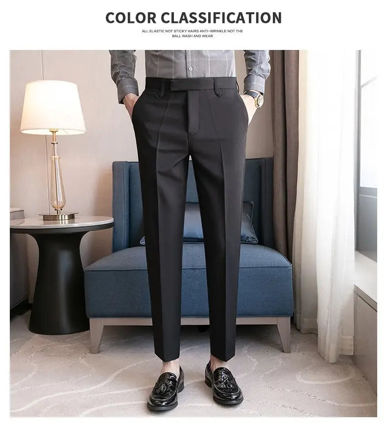 men’s slim fit british style tailored straight leg black formal trousers with a sleek straight-leg cut and subtle pleats at the waistband