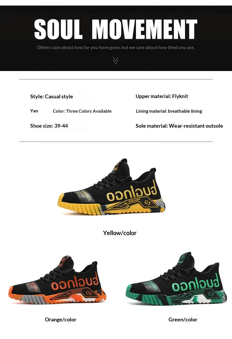 Black and yellow casual sneakers Guglingo G5 featuring a flyknit upper, breathable lining, and wear-resistant outsole.