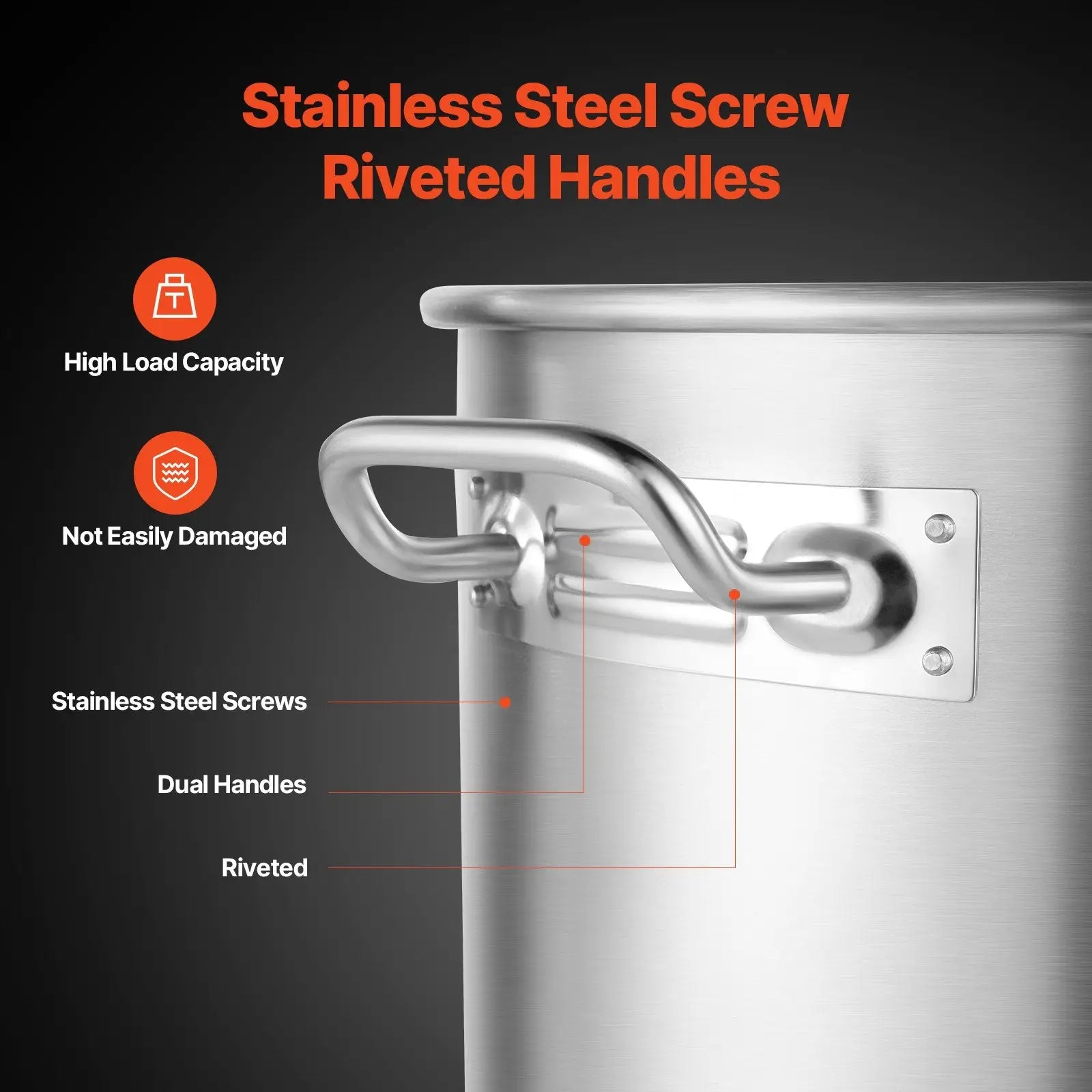 84qt stainless steel stockpot with strainer basket featuring riveted handles and screw-secured attachments