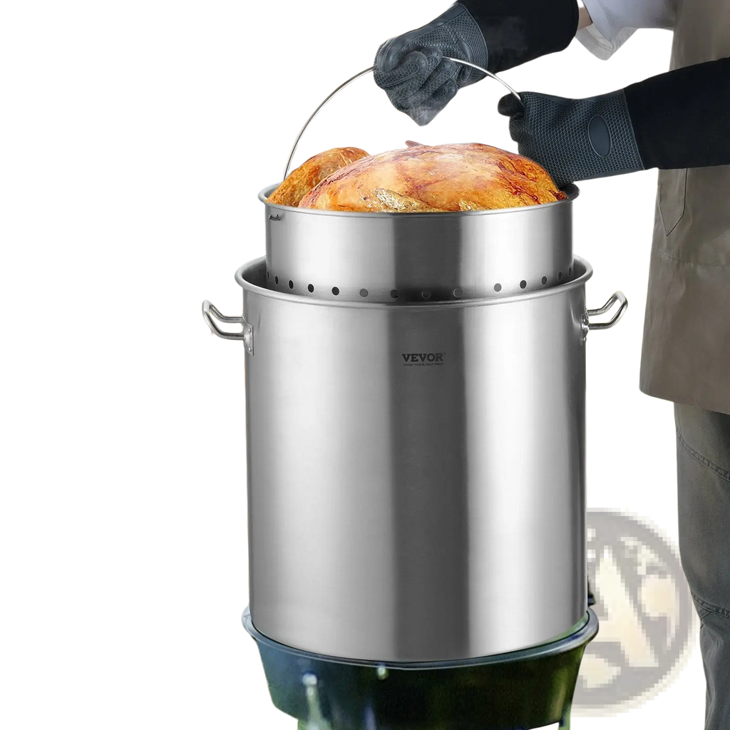 84qt stainless steel stockpot with strainer basket featuring perforated lid and handles with large roasted chicken inside