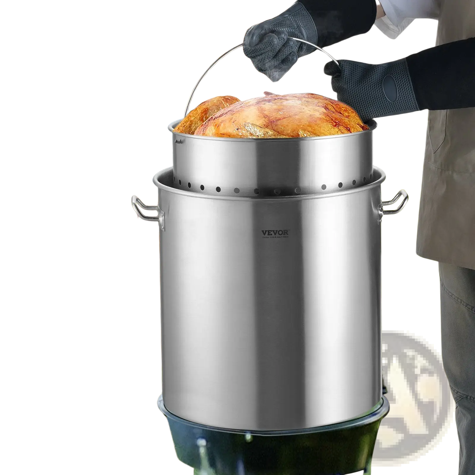 84qt stainless steel stockpot with strainer basket featuring perforated lid and handles with large roasted chicken inside