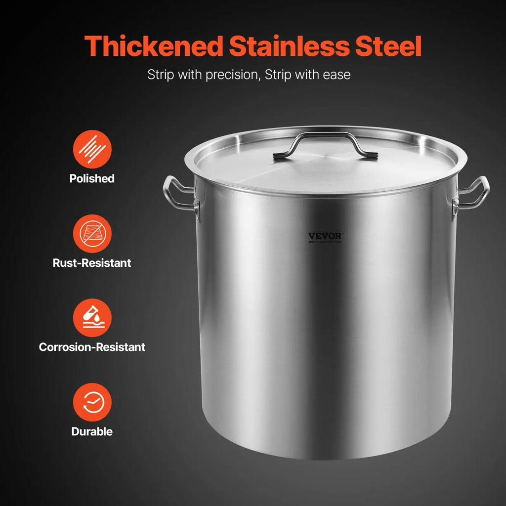 Polished thickened stainless steel 84qt vevor stockpot with lid and side handles featuring a strainer basket