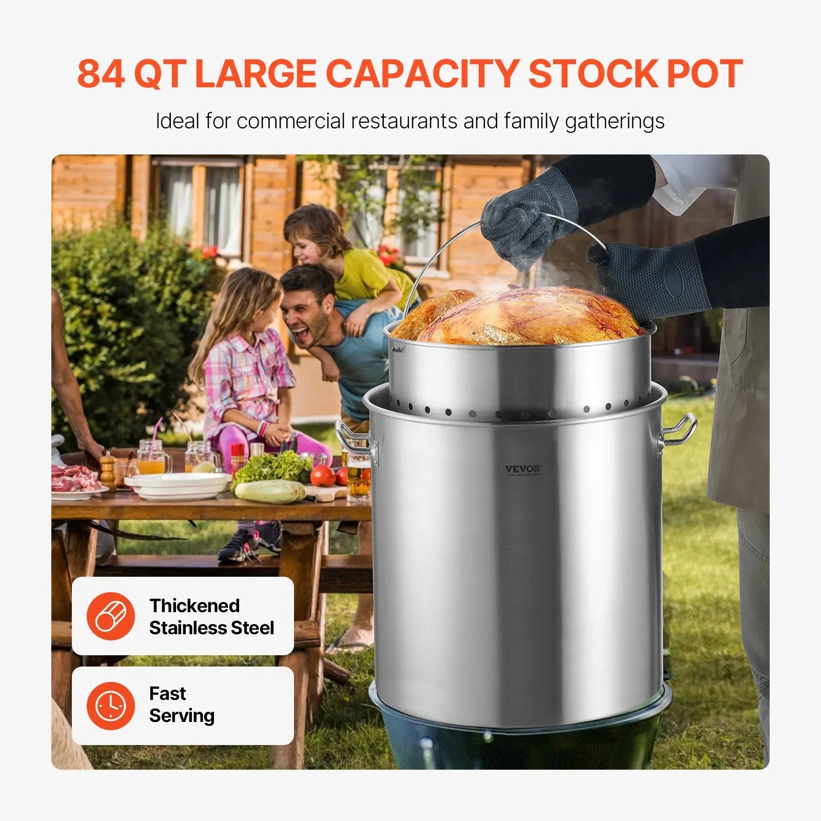 84qt stainless steel stockpot with perforated strainer basket designed for large scale cooking and food preparation