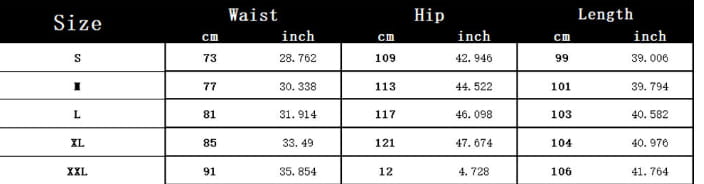 Black and white size chart for slim fit tapered jogger pants with drawstring showing measurements in centimeters and inches for sizes s through xxl.