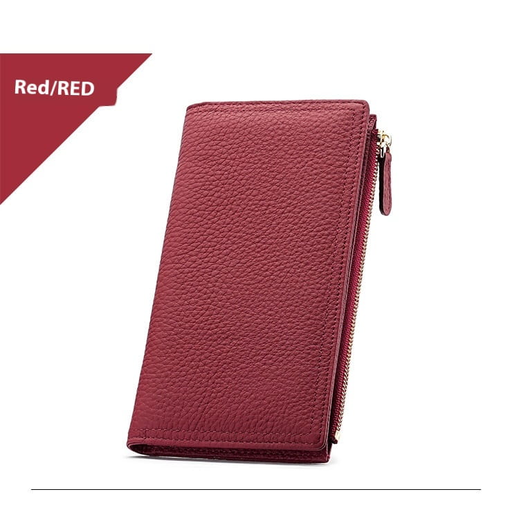 A rich red cowhide leather anti theft rfid long zip wallet featuring textured material with a full-length zipper closure and matching pull tab.