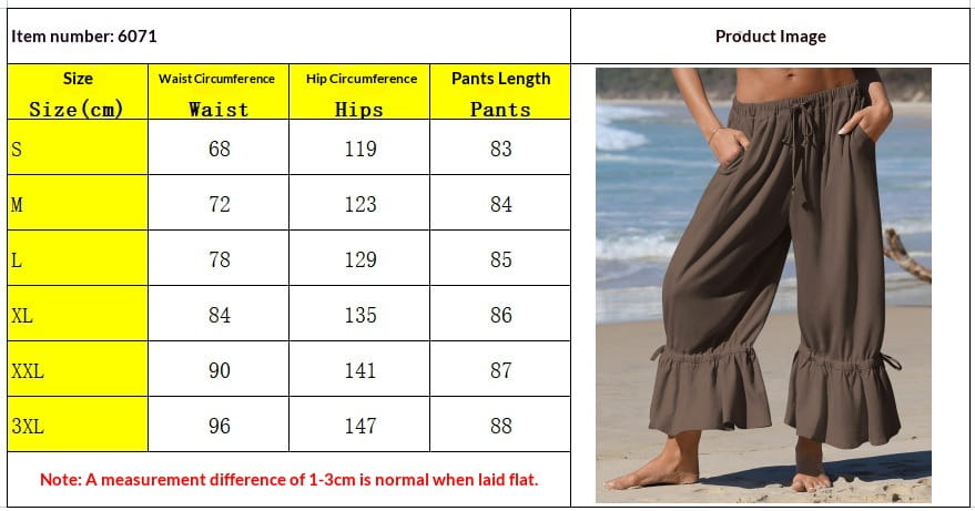 brown linen ruffled drawstring wide leg pants featuring flowing fabric with ruffled cuffs and a drawstring waist.
