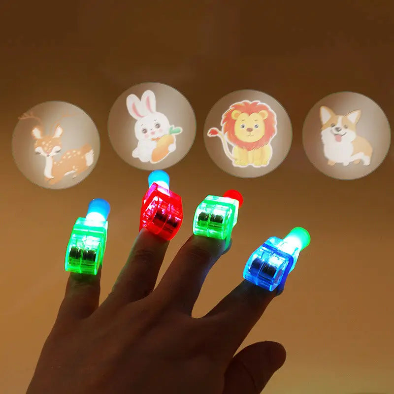 Colorful led finger rings with animal projections made of luminous material in a 10 pack cartoon finger projection lamp toy.