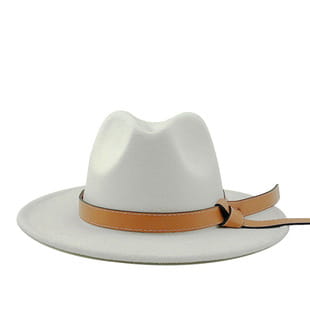 White wool fedora hat with a tan leather band featuring a classic leather belt detail.