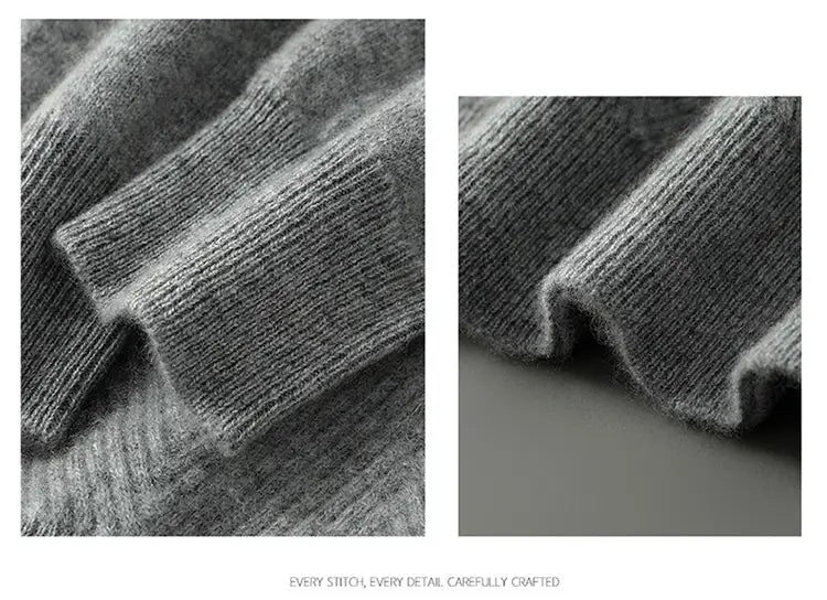 Men’s herringbone knit cashmere pullover sweater in soft heather gray with ribbed texture and subtle white flecks.