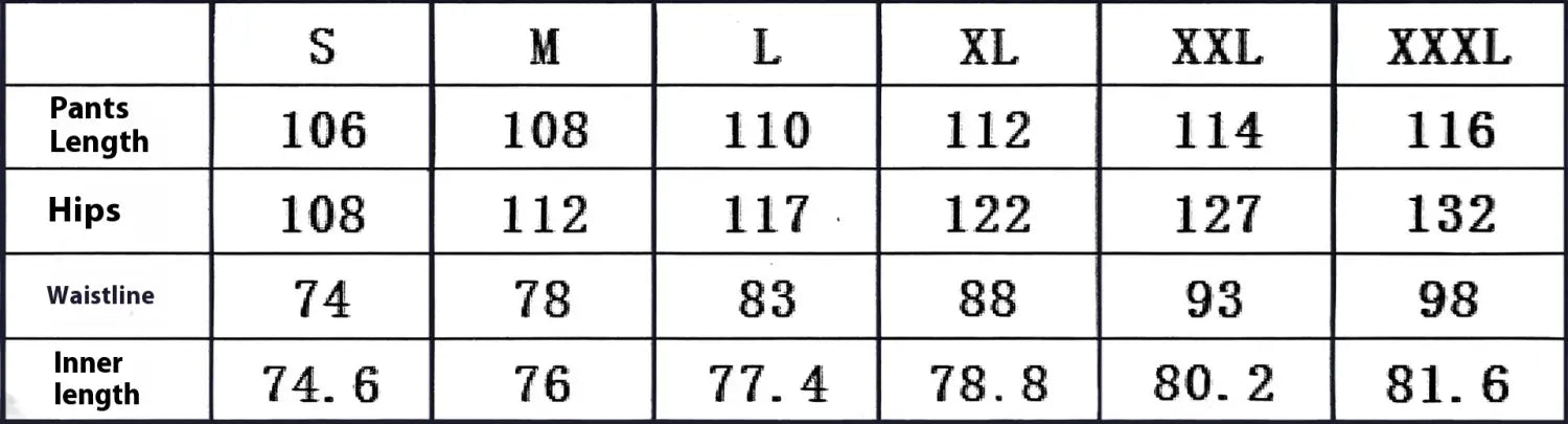 The image displays a size chart in inches for men’s slim fit corduroy sporty drawstring casual pants across sizes S through XXXL.