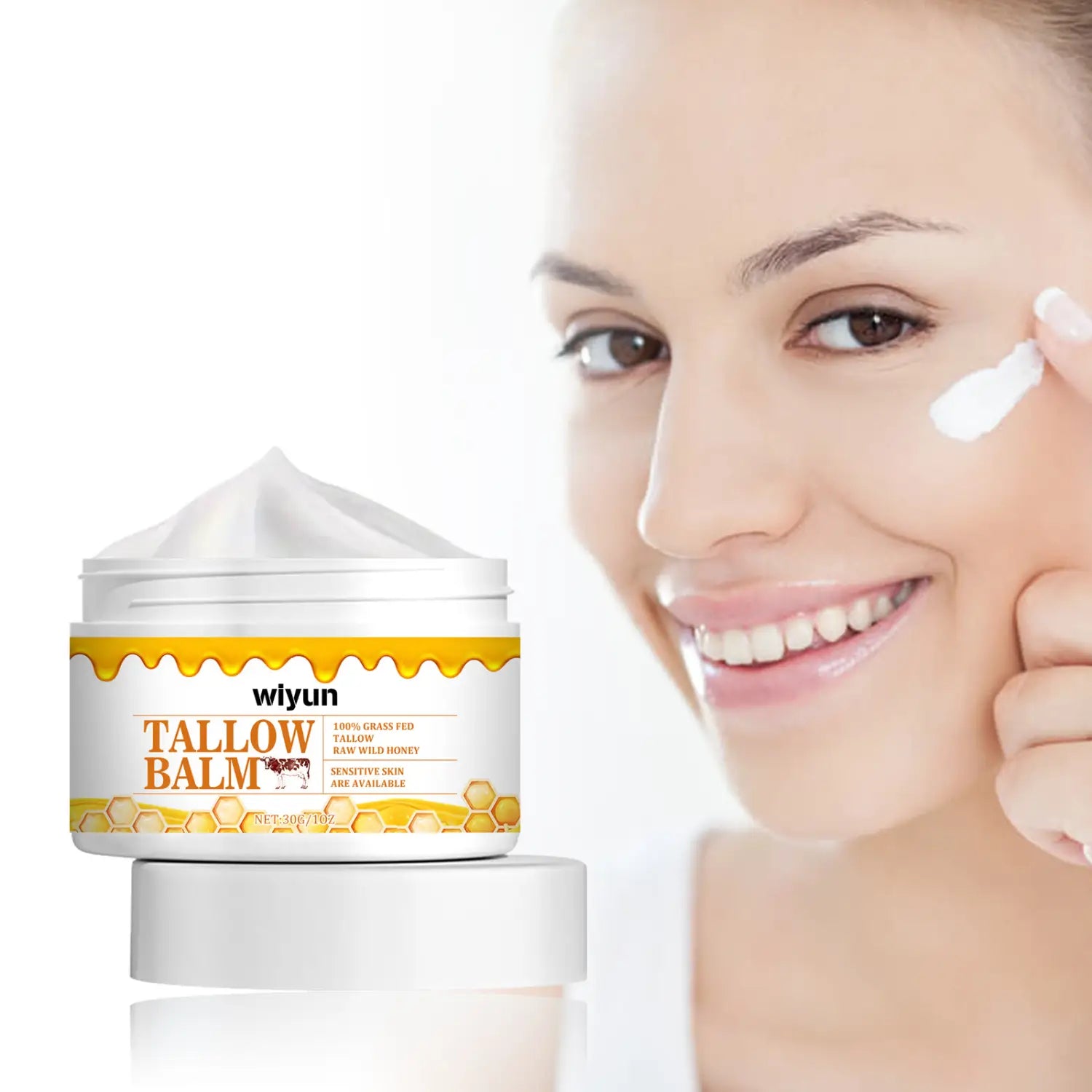 Weiße Dose mit Wiyun-Talg-Balsam mit gelbem Honig-Themenaufkleber und einer Portion weißer Creme auf der Oberseite als Anti-Falten-Creme aus rohem Honig, 30 g