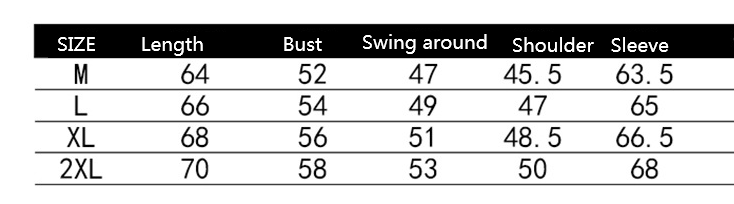 Size chart for women’s dress measurements in inches from size m to 2xl alongside men’s black faux leather biker and bomber jackets product details.