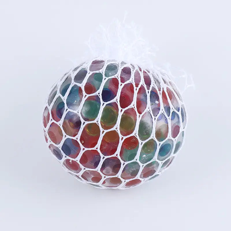 led mesh stress ball glowing grape squeeze toy featuring a colorful translucent gel-filled ball encased in white mesh netting for stress relief.