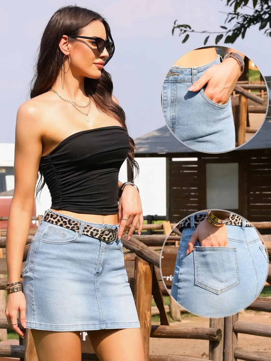 Hellwaschender Jeans-Minirock mit Leopardenmuster-Gürtel für einen stilvollen lässigen Look.