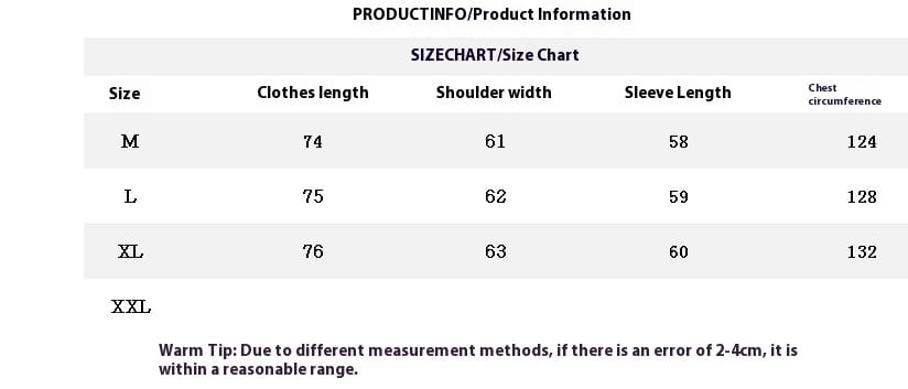 Size chart in centimeters for men oversized long sleeve button up shirt listing measurements for sizes m, l, xl, and xxl.