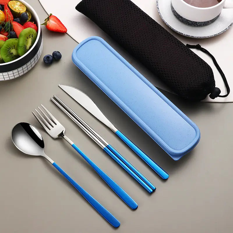 blue-handled stainless steel portable cutlery set with matching light blue silicone carrying case displayed.
