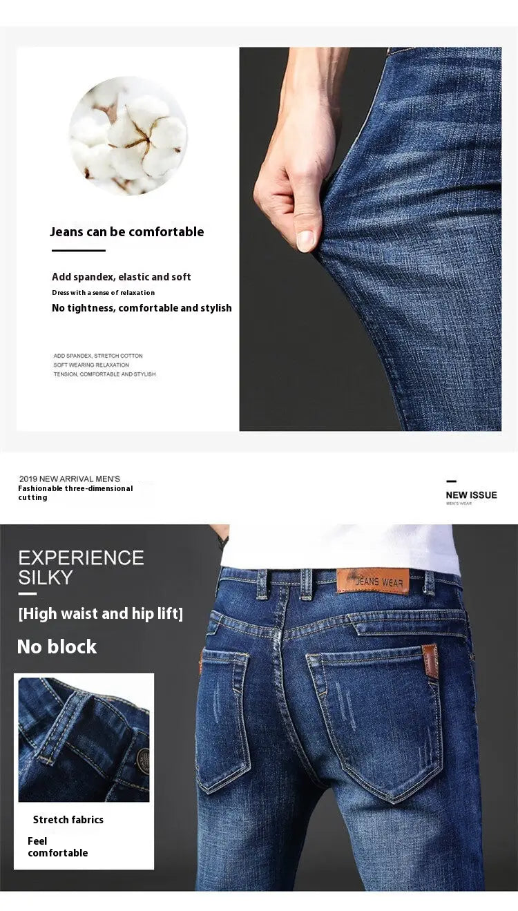 Pantalones vaqueros de mezclilla elástica de corte slim fit para hombre, de lavado oscuro, rectos, en color azul marino oscuro, con cintura alta y diseño de realce de cadera para mayor comodidad y estilo.
