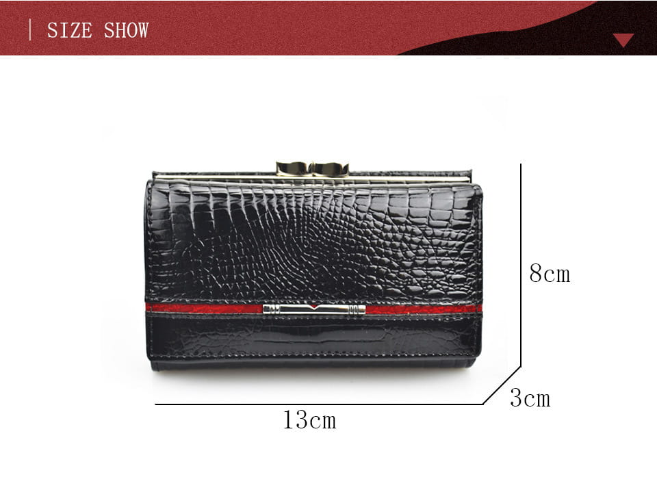 Retro crocodile pattern leather trifold wallet in black with a red stripe and silver clasp.