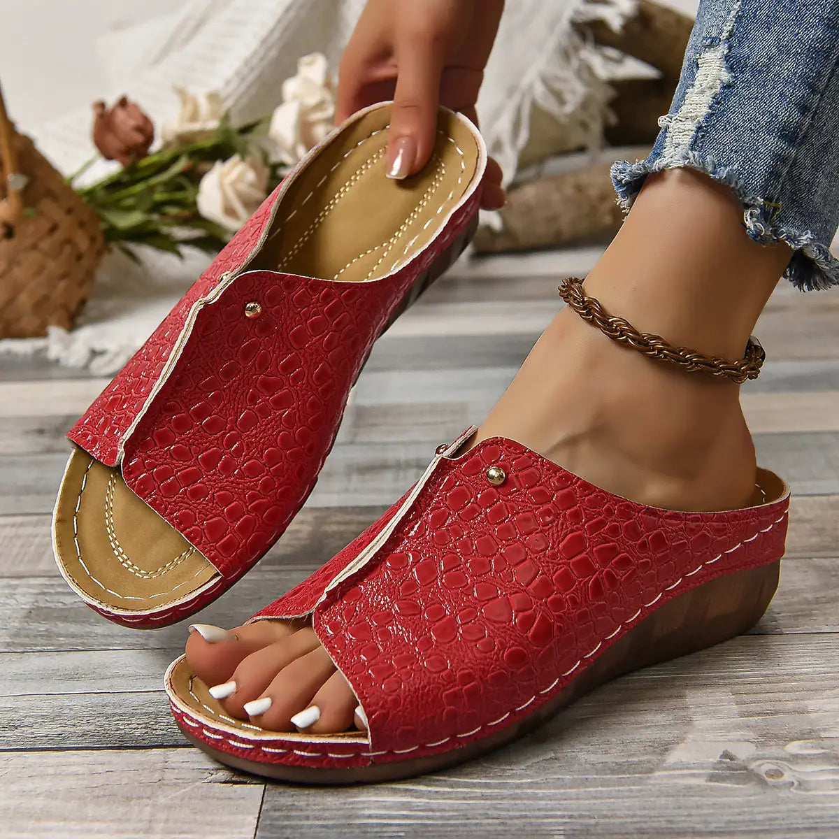 white crocodile-embossed platform wedge sandals for women with brown sole and gold-tone metal accents