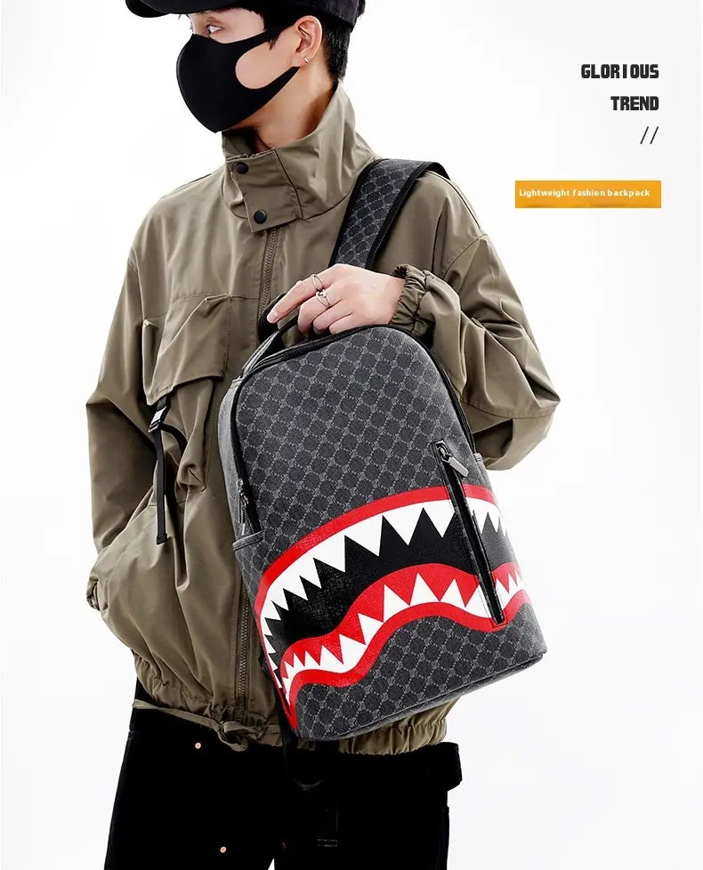Gray and black patterned shark backpack large capacity geometric business PU bag featuring a bold red and white shark mouth design on the front.